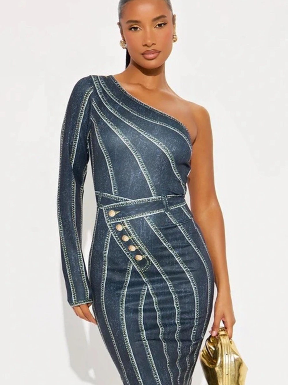 One-Shoulder Striped Midi Dress in Blue & White Like New